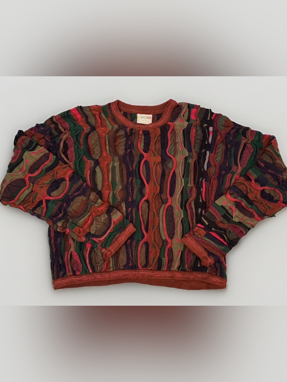 COOGI Multicolor Cable Crew Sweater in Rust, Green, Navy